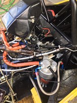 1340cc Radical Seald Engine with the heat wrap on the exhaust and heat sleeves on the oil and fuel